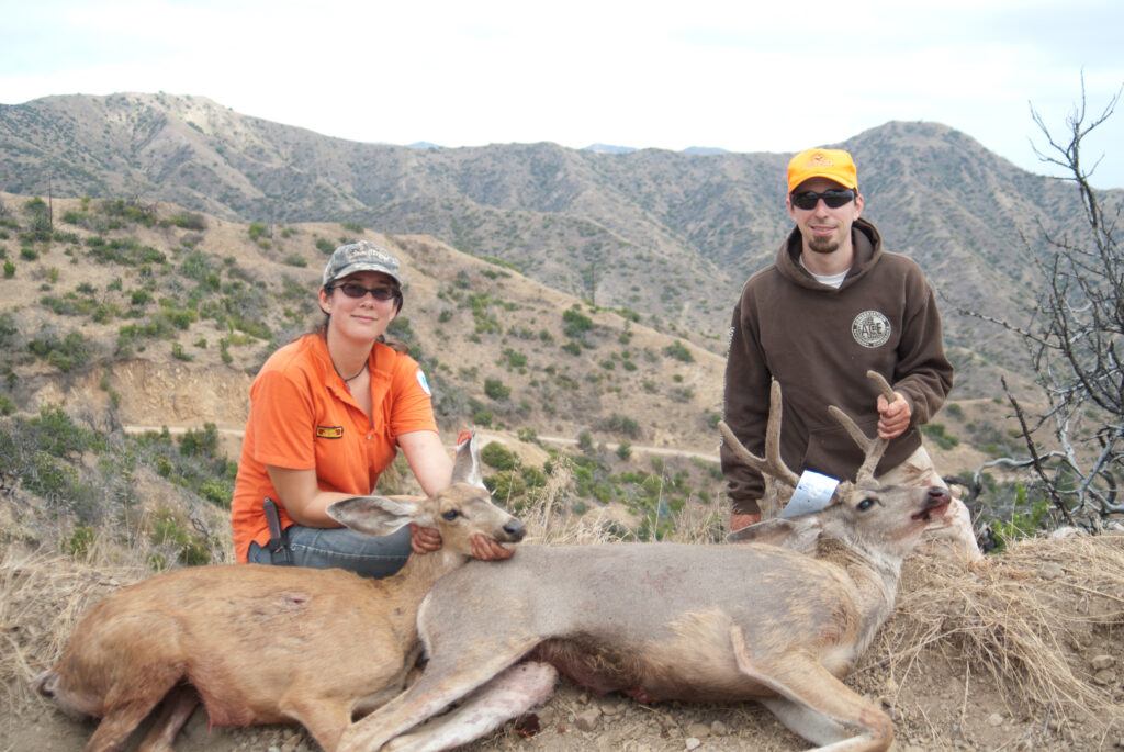 Former Conservancy Senior Plant Ecologist Sarah Ratay, and former Conservancy Invasive Plant Ecologist Tony Summers hunting deer on Catalina Island.