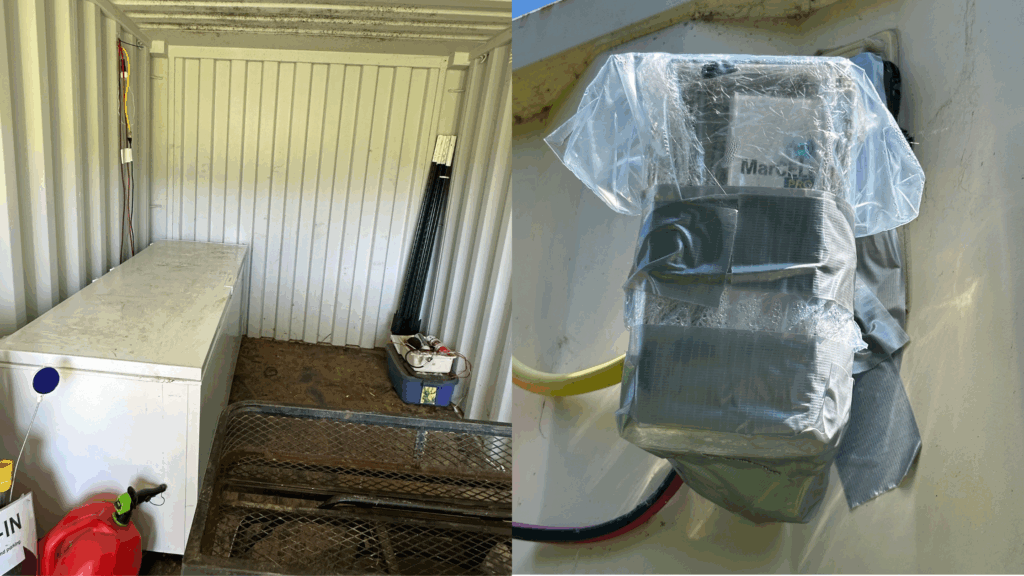A mountain lion bait freezer inside a shipping container with a MarCell wireless freezer monitor mounted to the outer wall.