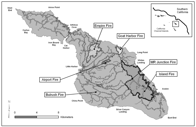 Map of six interior island fires documented on Catalina Island between 1999 and 2008.